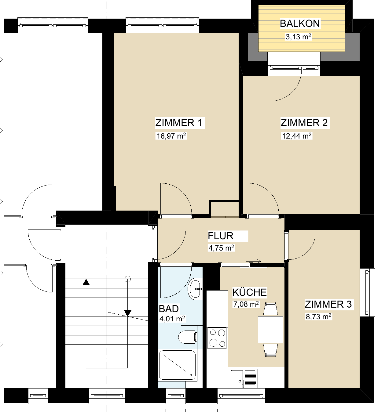 Grundriss der Wohnung mit drei Zimmern, Küche, Bad, Flur und Balkon